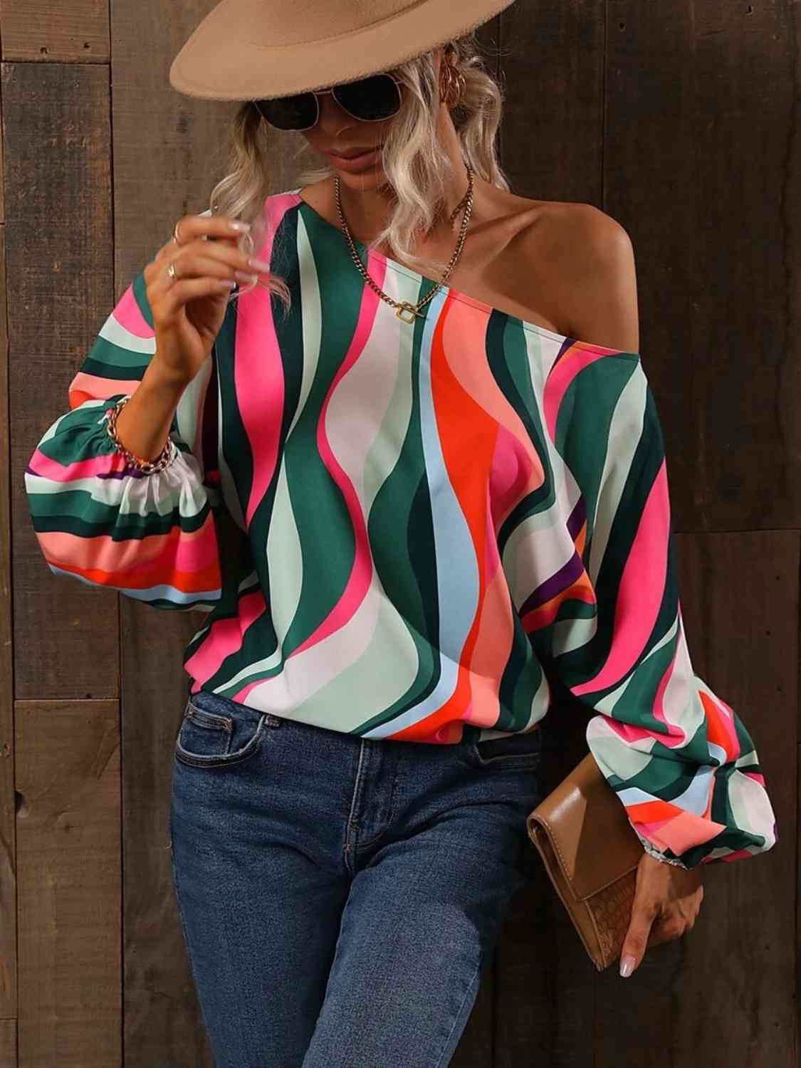 Full Size Printed Boat Neck Blouse