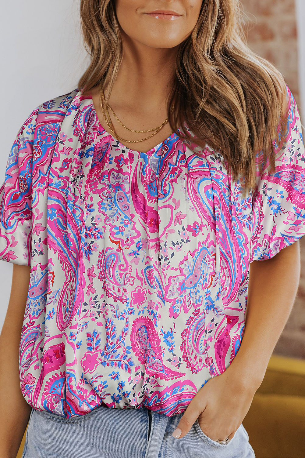 Malibu Dreams Paisley Print Short Sleeve Blouse