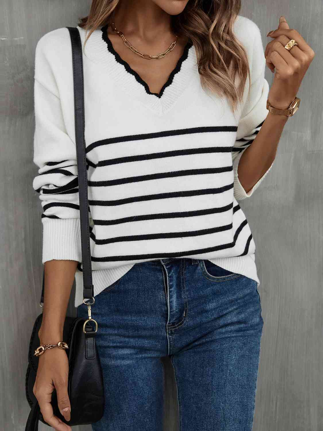 Striped V-Neck Drop Shoulder Sweater