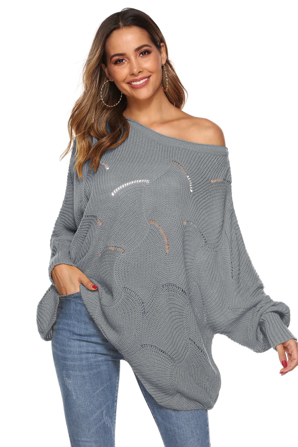 Full Size Round Neck Long Sleeve Openwork Sweater