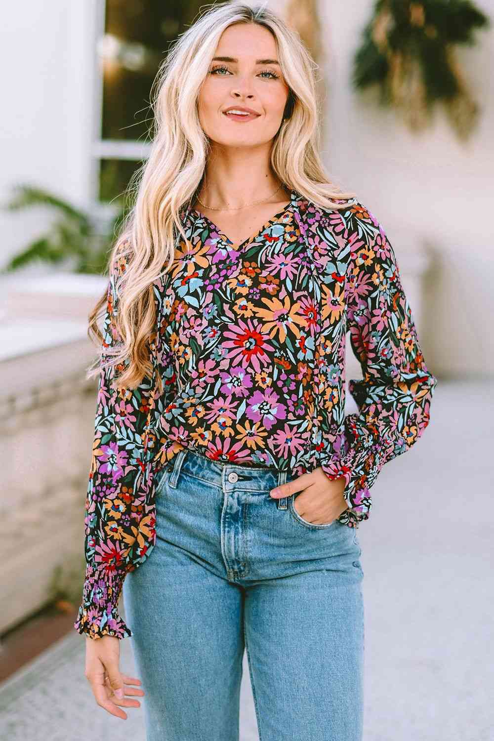 Printed V-Neck Flounce Sleeve Blouse