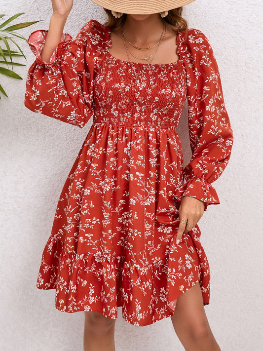 Full Size Floral Smocked Square Neck Dress