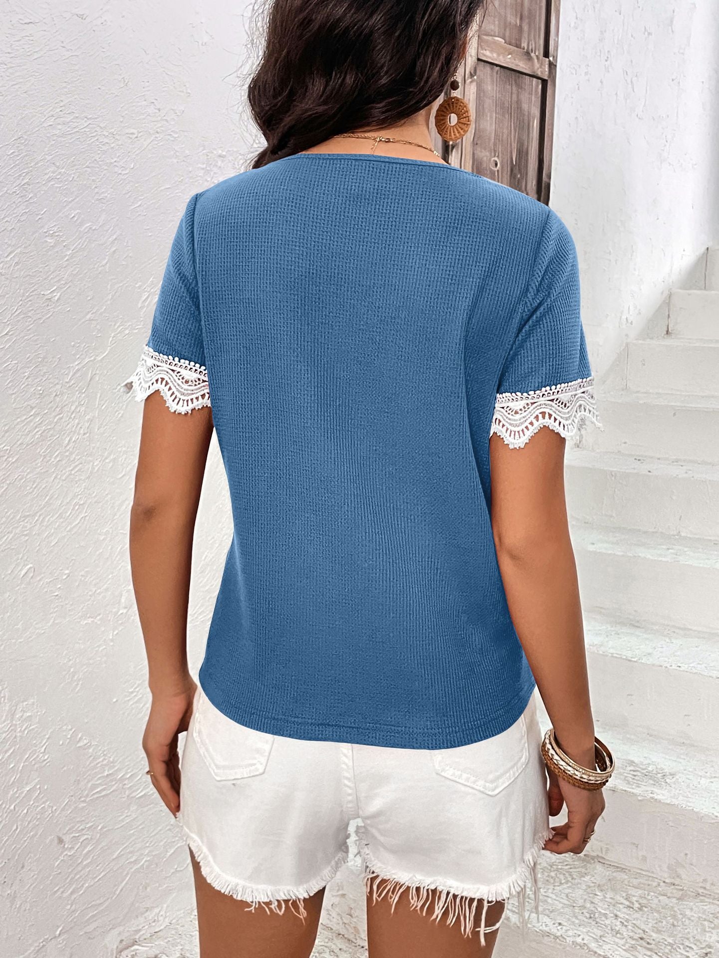 Women's Decorative Button Spliced Lace Short Sleeve Top