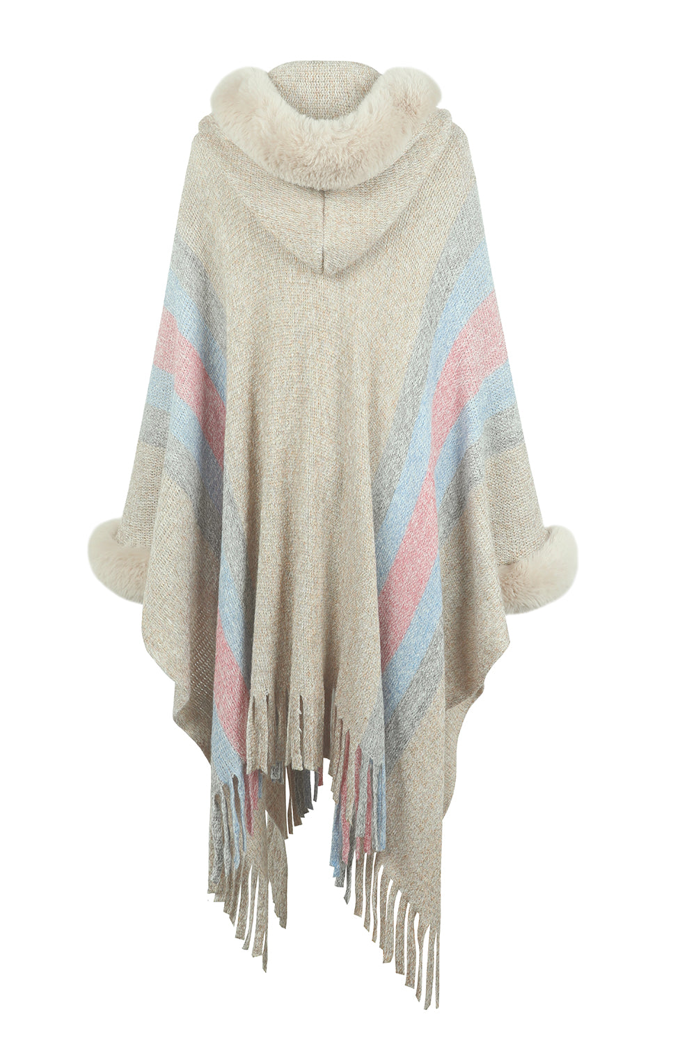 One Size Color Block Fringe Detail Poncho