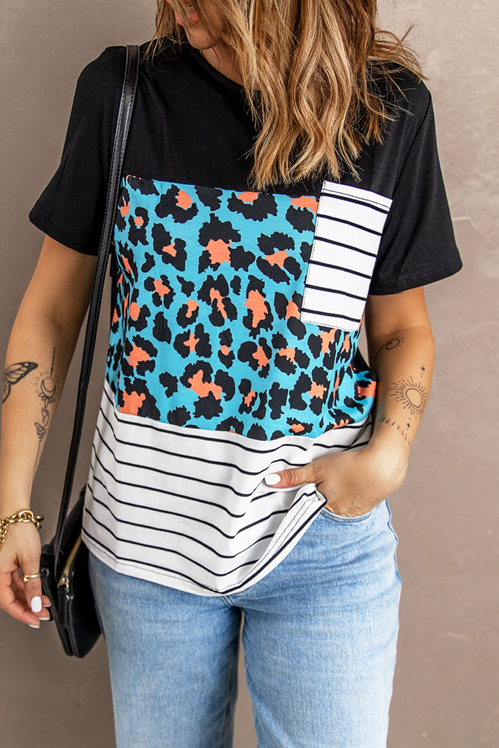 Women's Mixed Print Color Block Round Neck Tee Shirt