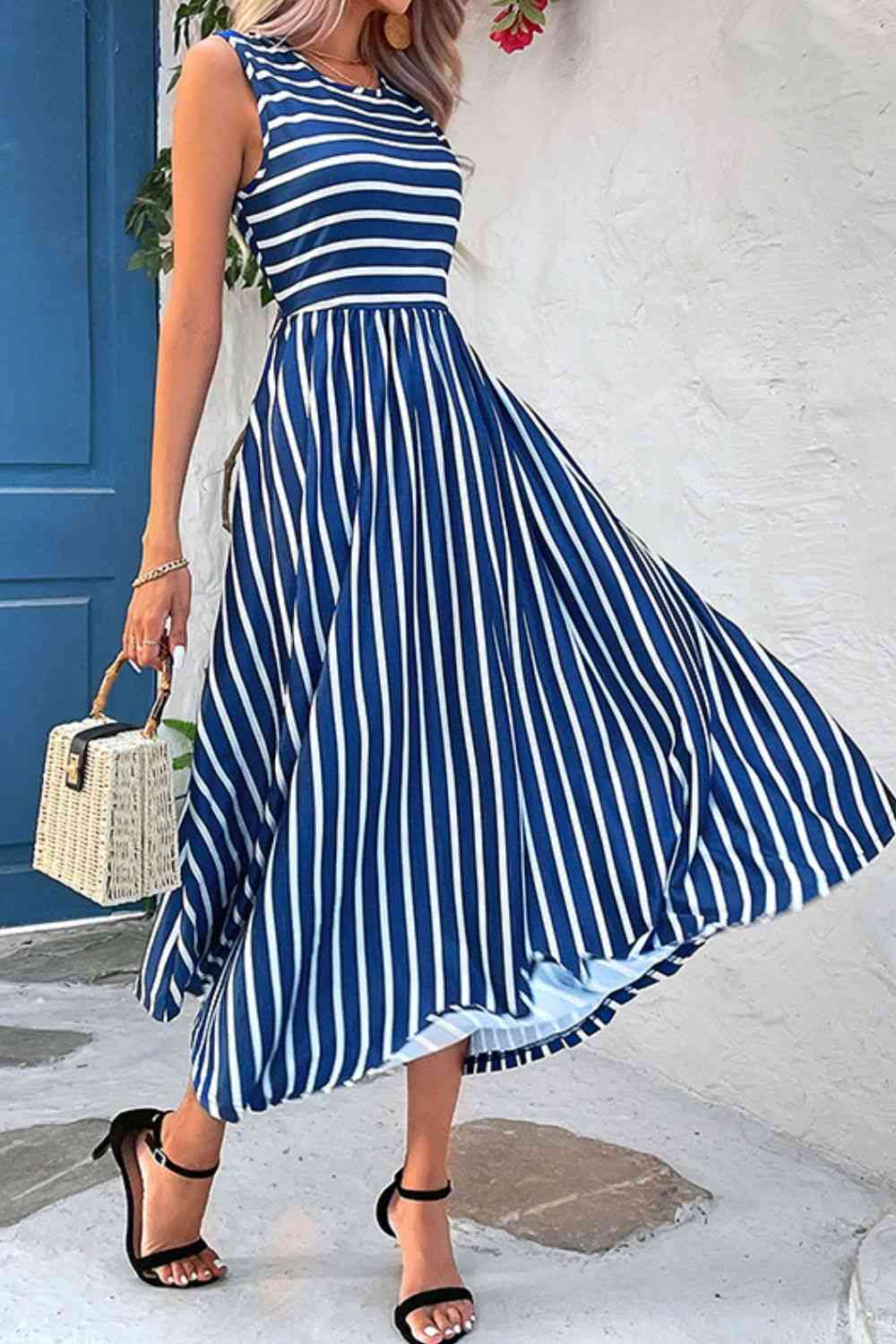 Peacock Blue Striped Round Neck Sleeveless Dress with Pockets