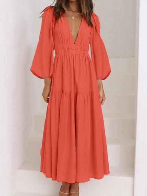 Cora Lea Deep V-Neck Balloon Sleeve Plain Maxi Dress