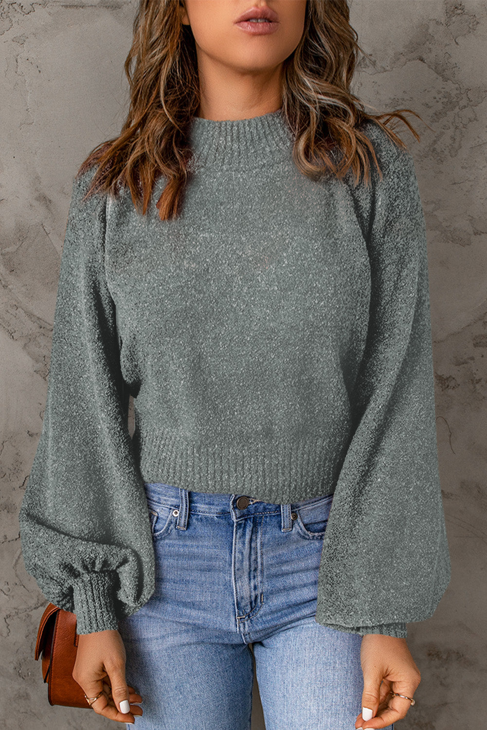 Full Size Ribbed Trim Balloon Sleeve Sweater