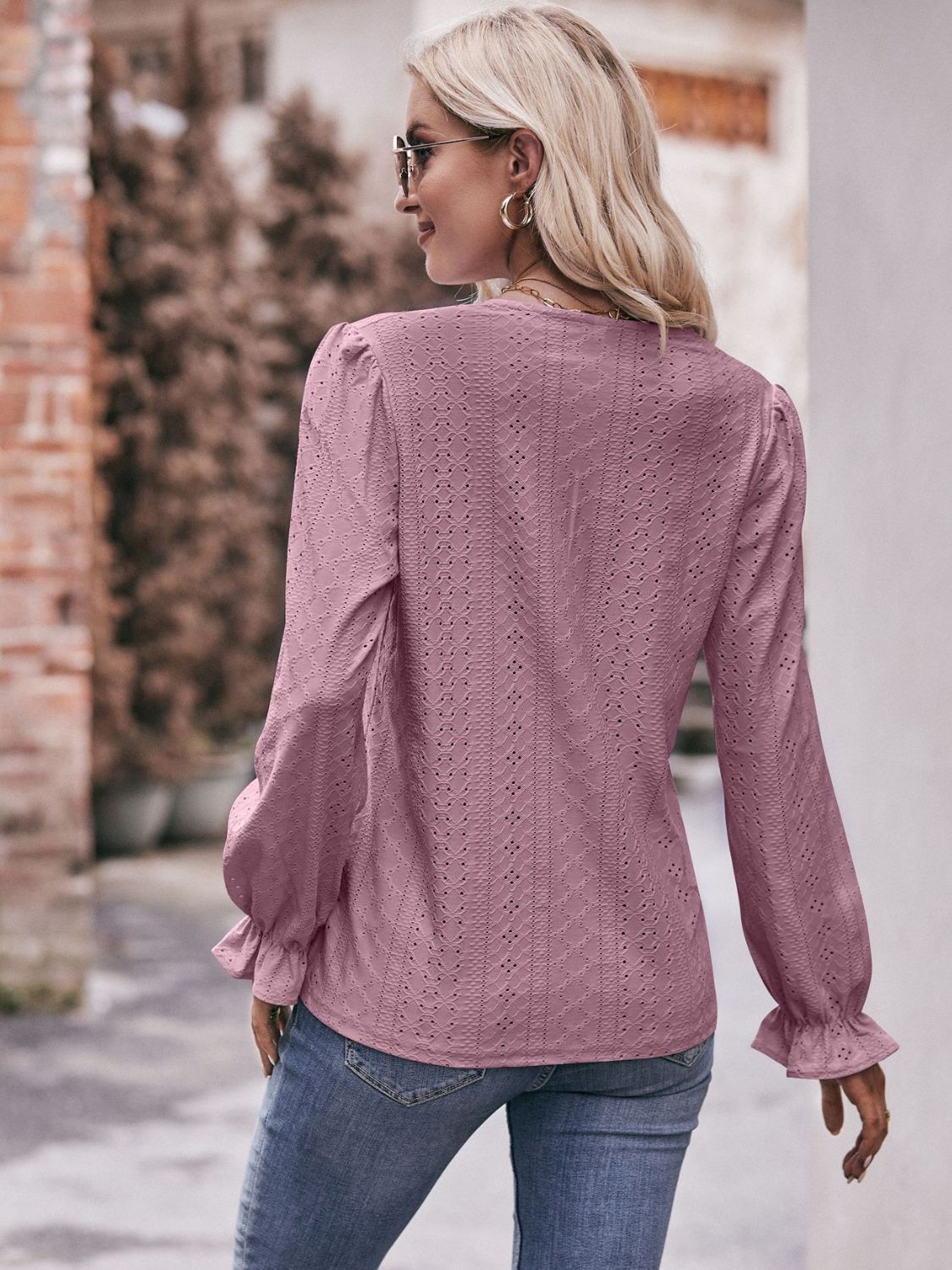 Pretty Purples Eyelet V-Neck Flounce Sleeve Blouse