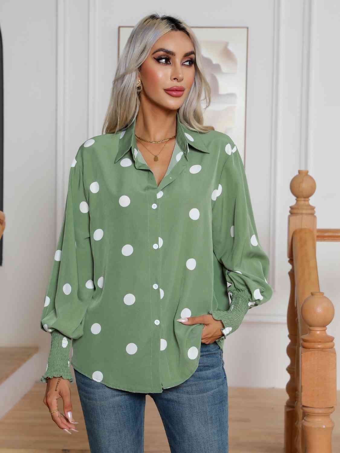 Light Green Polka Dot Collared Neck Buttoned Lantern Sleeve Shirt