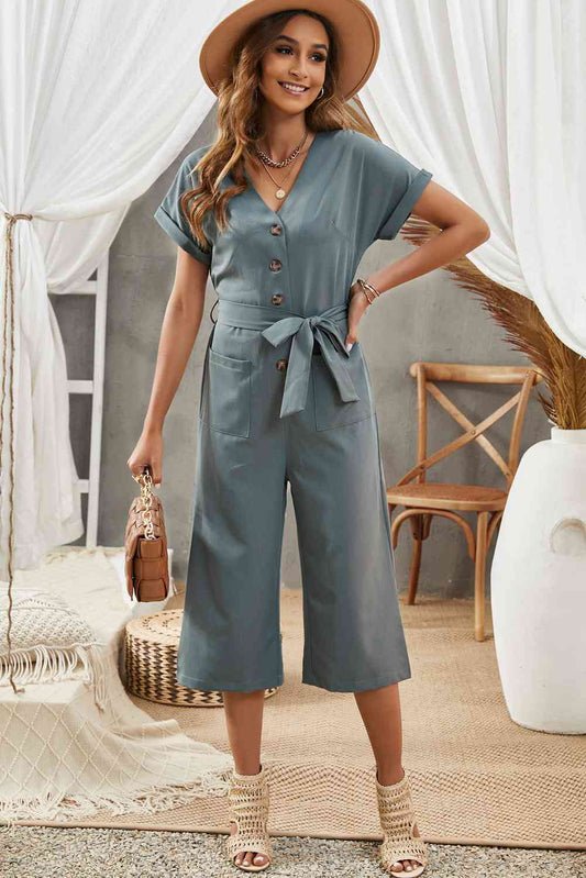 KenyaBay Button Front Belted Cropped Jumpsuit with Pockets