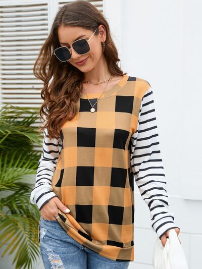 Women's HannahMea Plaid Striped Round Neck Long Sleeve T-Shirt