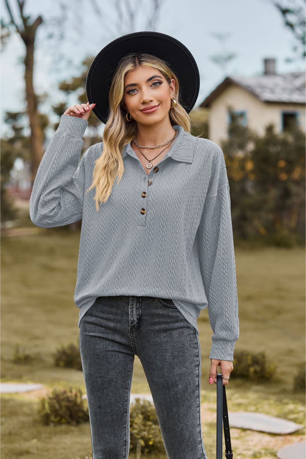 Full Size Collared Neck Long Sleeve Blouse