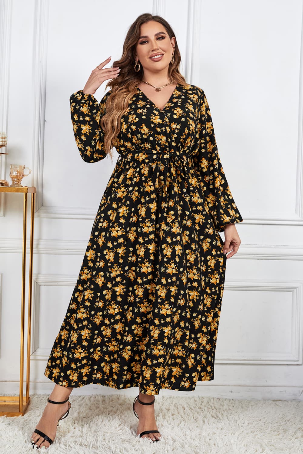 IdeationJovial Plus Size Floral Surplice Neck Long Sleeve Dress