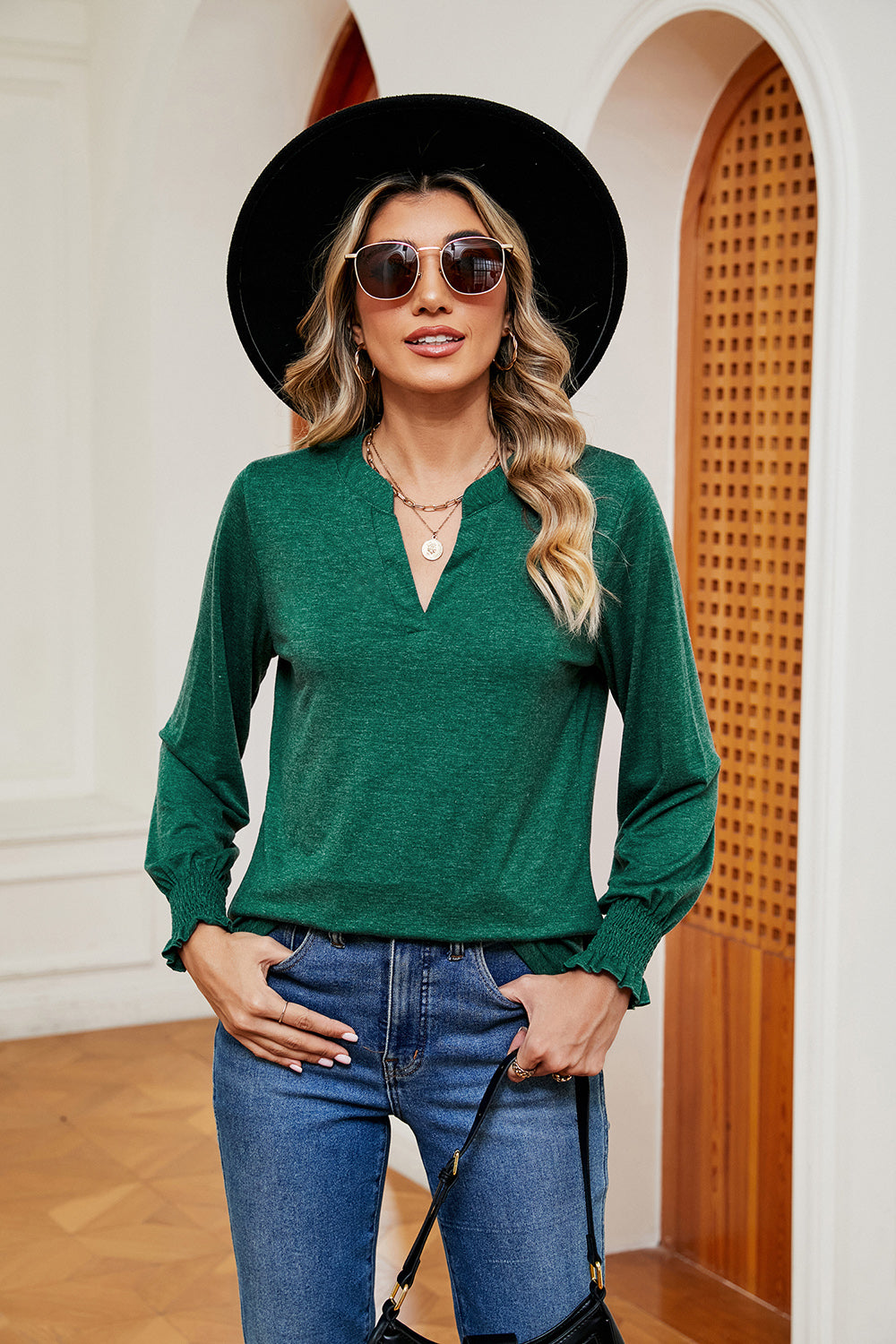 Full Size Notched Neck Long Sleeve Blouse