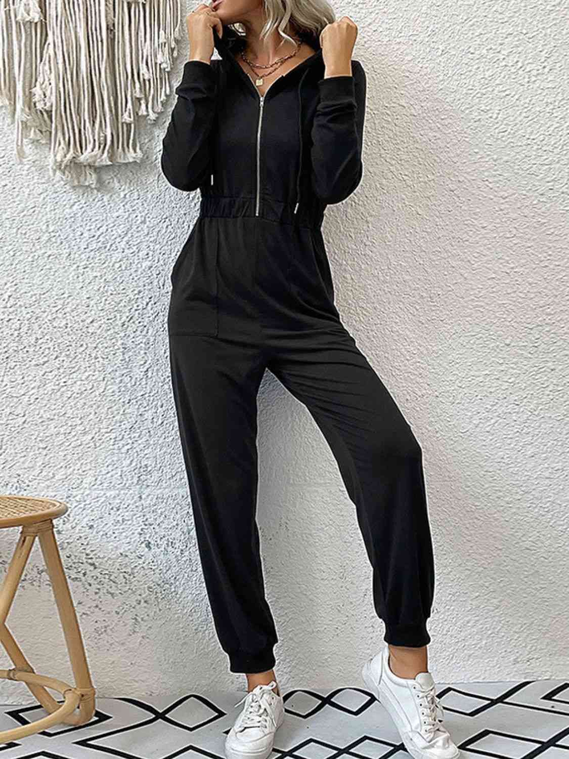 BeautifyJumpers Zip Up Elastic Waist Hooded Jogger Jumpsuit