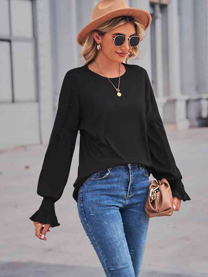 Full Size Round Neck Flounce Sleeve Blouse