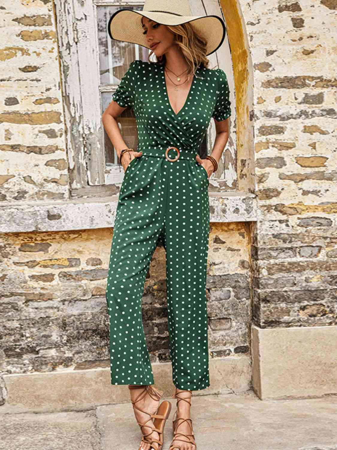 BeautifyJumpers Polka Dot Belted Flounce Sleeve Jumpsuit with Pockets