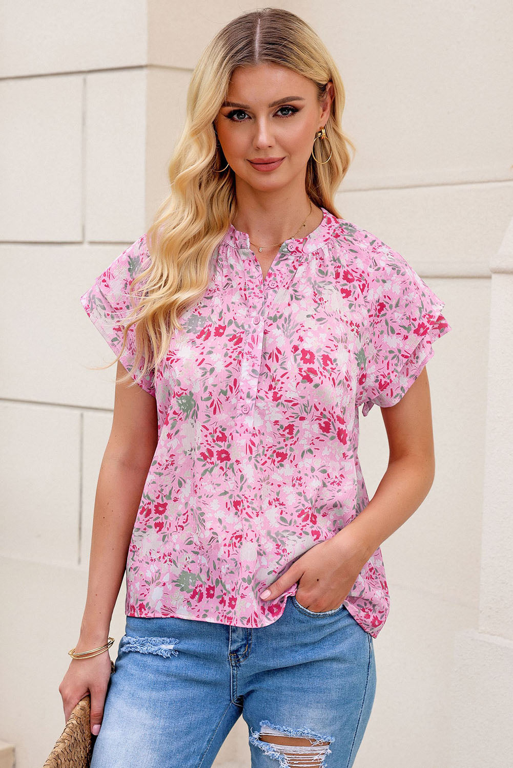 Malibu Dreams Floral Half-Button Flutter Sleeve Blouse