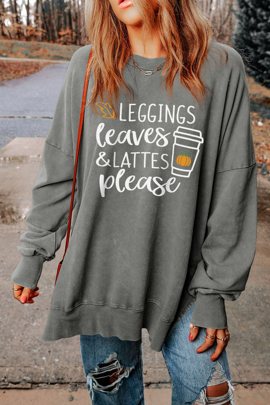 FALL Halloween Round Neck Dropped Shoulder LEGGINGS LEAVES LATTES PLEASE Graphic Sweatshirt