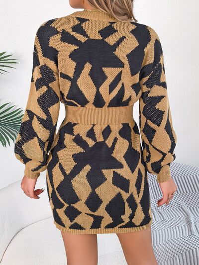 Hannah Contrast Round Neck Cutout Long Sleeve Mini Sweater Dress