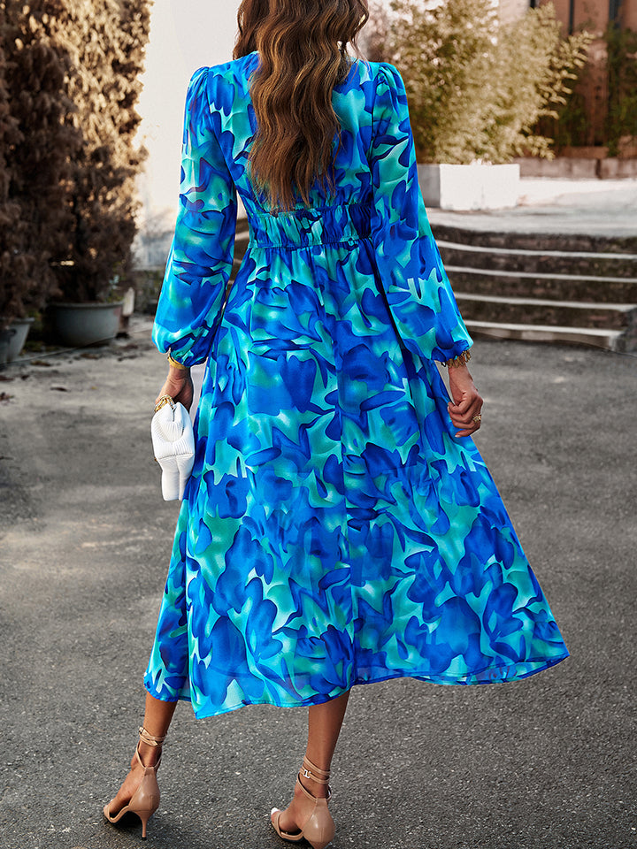 IconicDream Printed V-Neck Long Sleeve Midi Dress