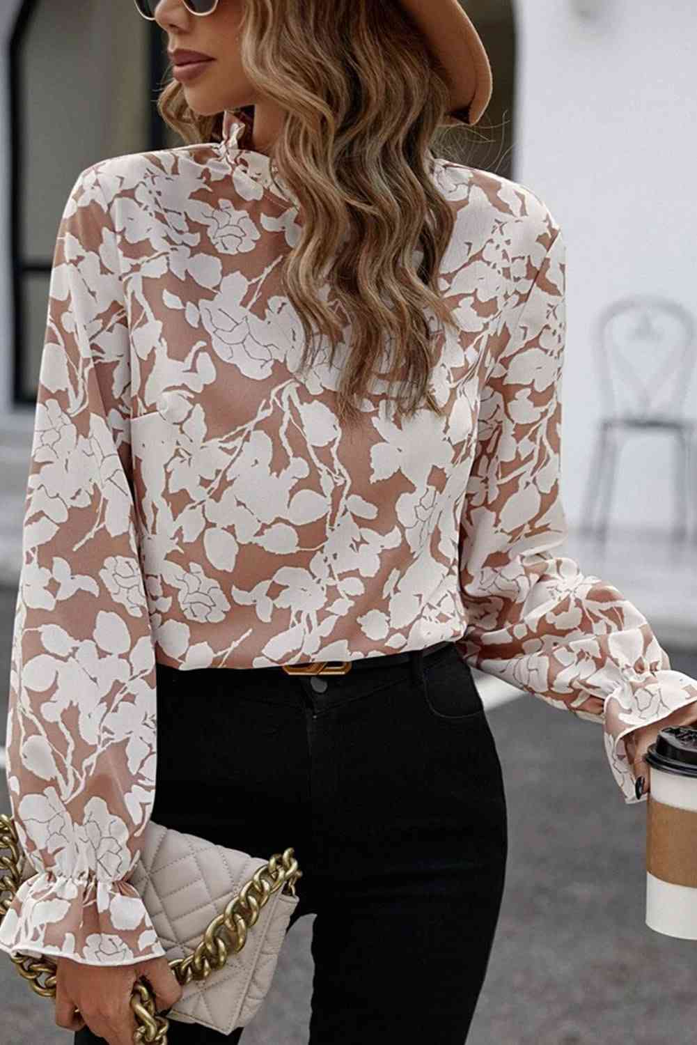 Aurora Lea Floral Print Mock Neck Flounce Sleeve Blouse