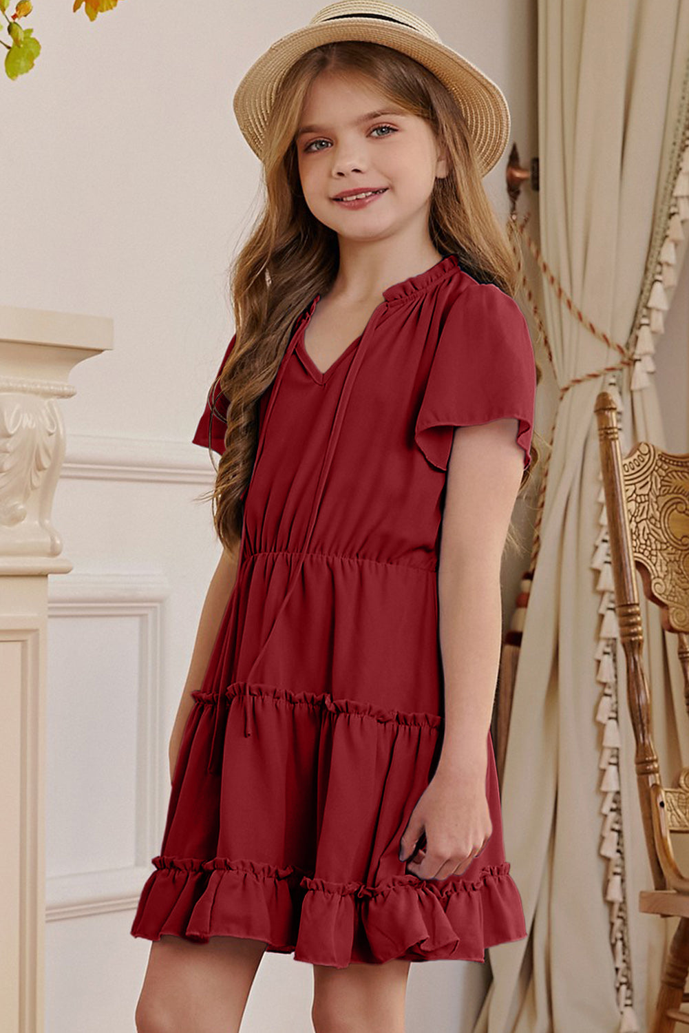 YOUTH GIRLS Frilled Notched Neck Puff Sleeve Dress SZ 4T-12Y