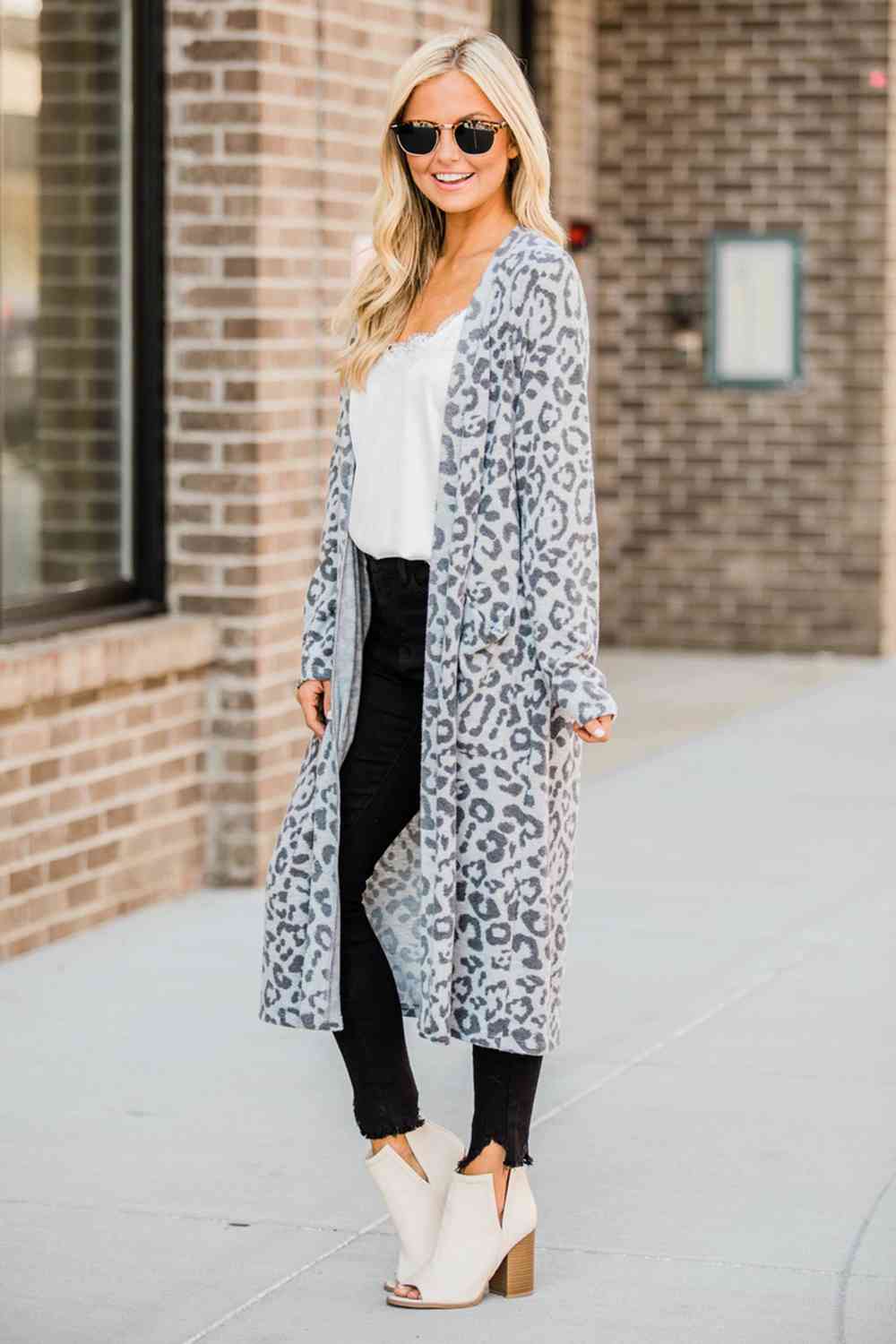 Cloudy Blue Open Front Leopard Cardigan