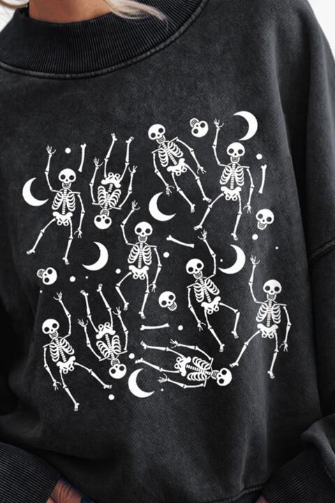 Halloween Skeleton Graphic Round Neck Long Sleeve Sweatshirt