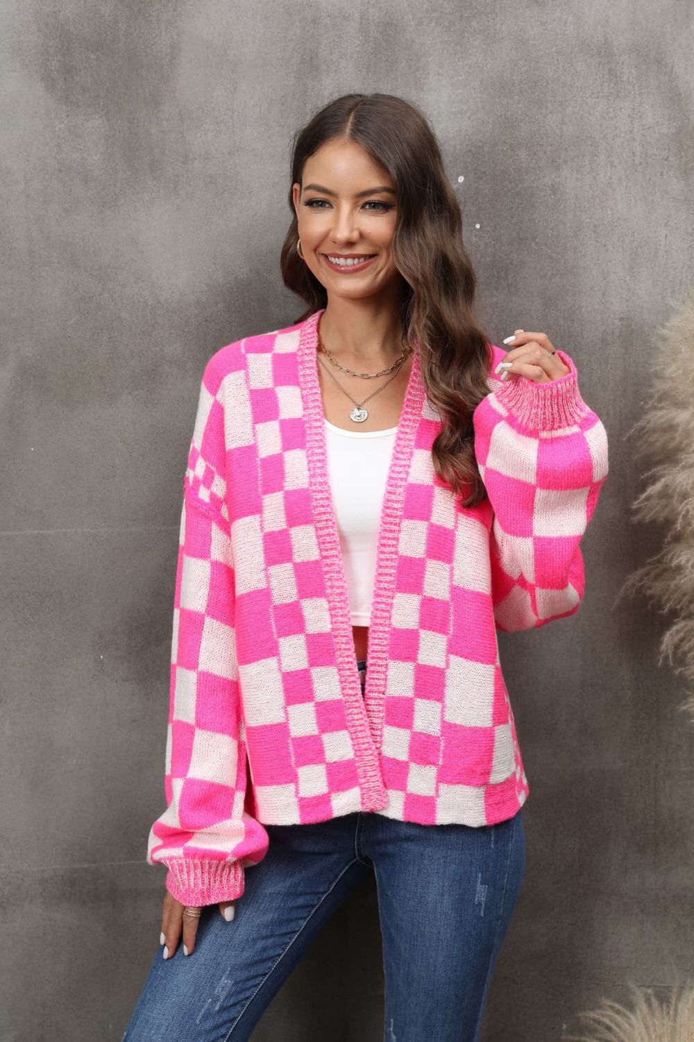 Women's Checkered Open Front Drop Shoulder Cardigan