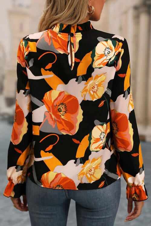 Floral Mock Neck Black Multicolor Flounce Sleeve Blouse