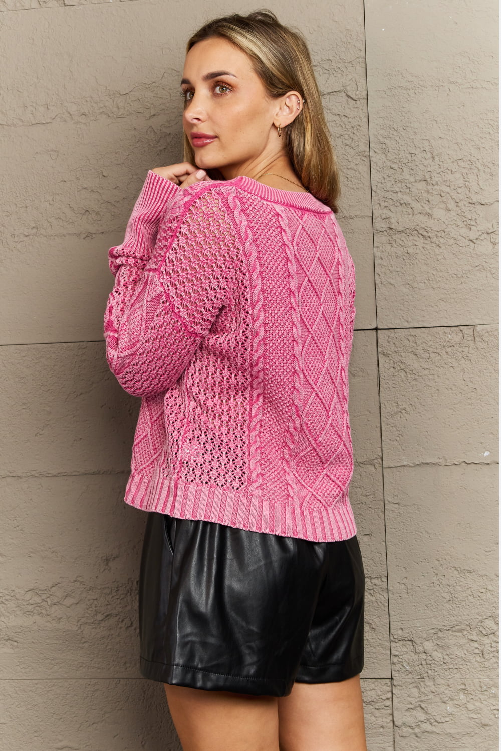 Malibu Dreams HEYSON Soft Focus Full Size Wash Cable Knit Cardigan in Fuchsia