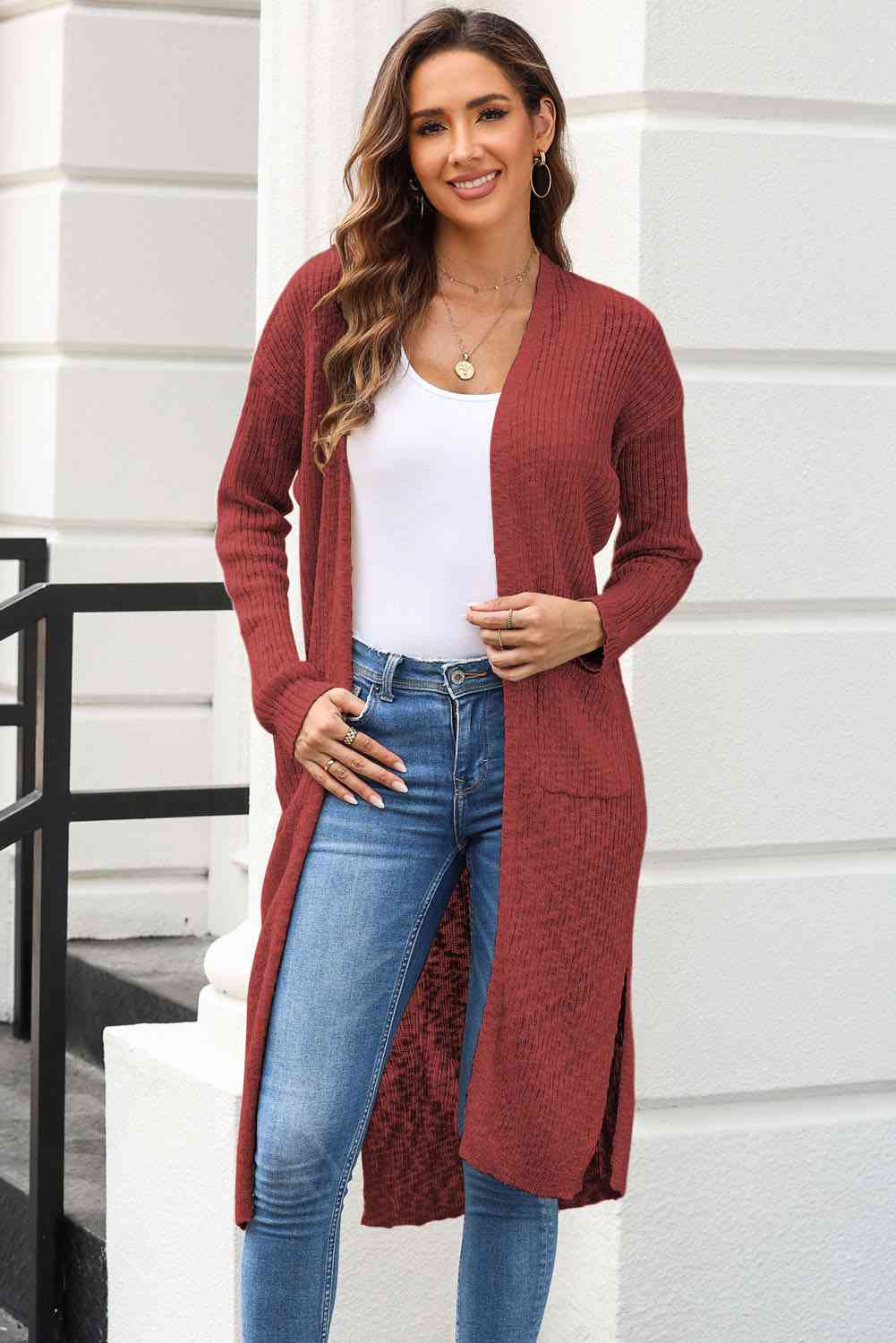 Full Size Open Front Slit Cardigan with Pockets