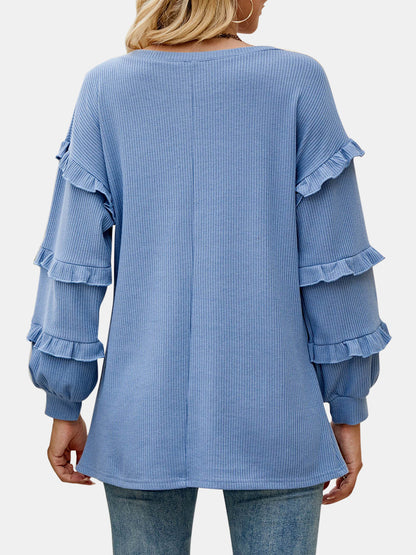 Ruffled V-Neck Long Sleeve T-Shirt