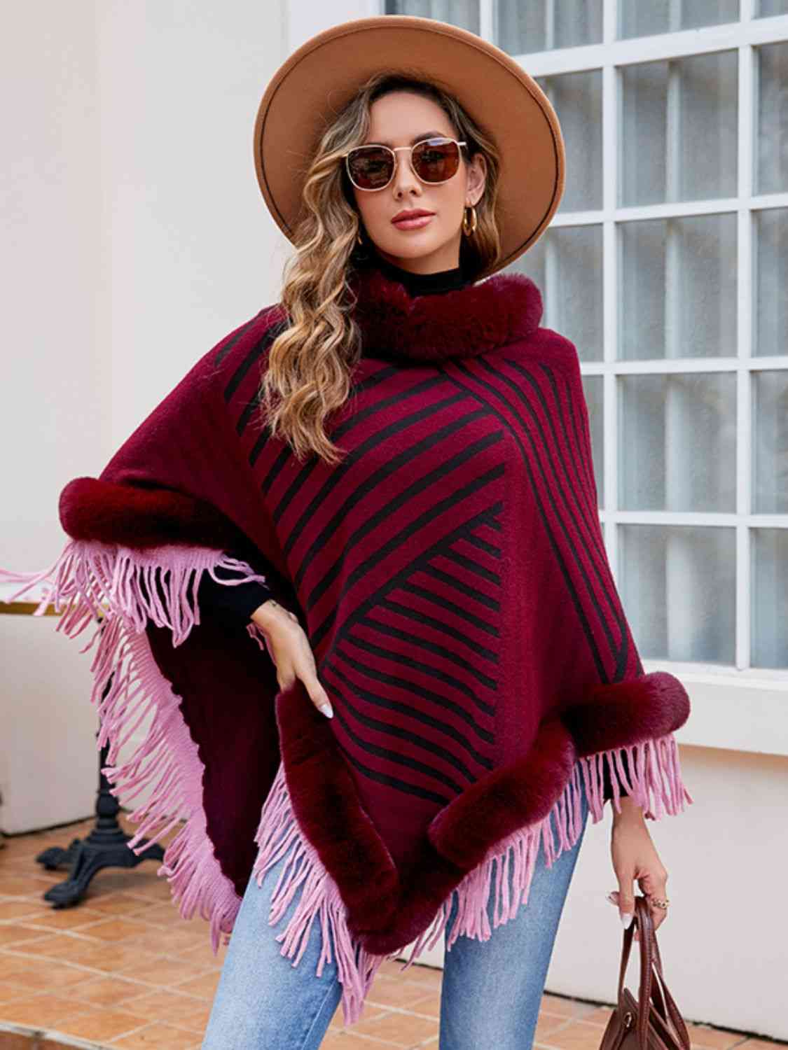 Contrasting Beauty One Size Striped Fringe Hem Poncho