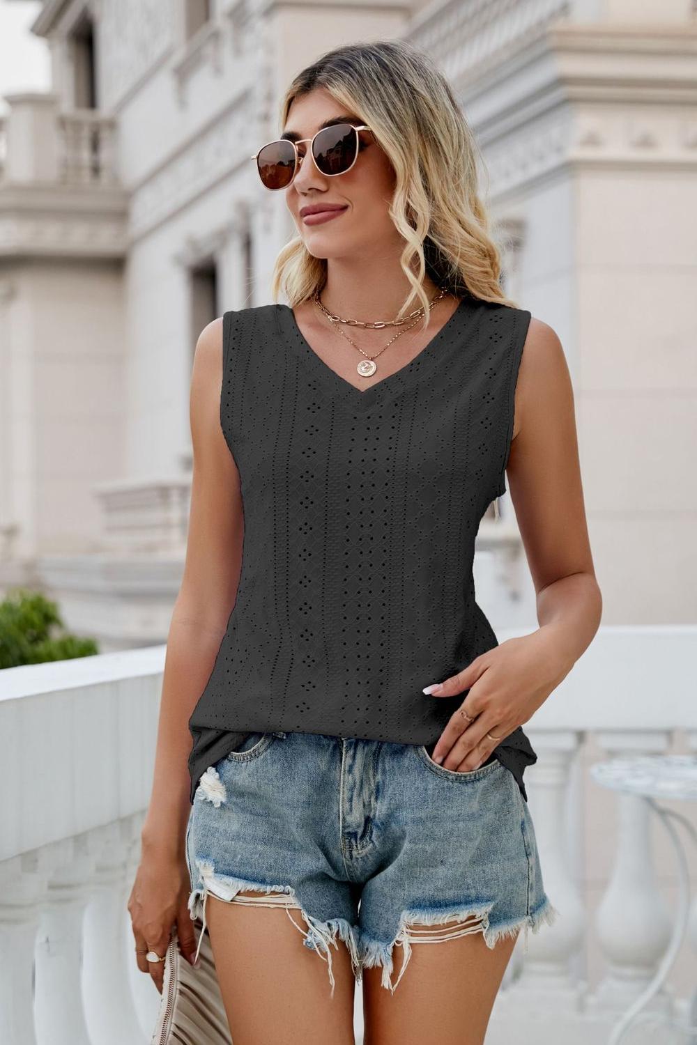 SALTYCHIC Full Size Eyelet V-Neck Tank