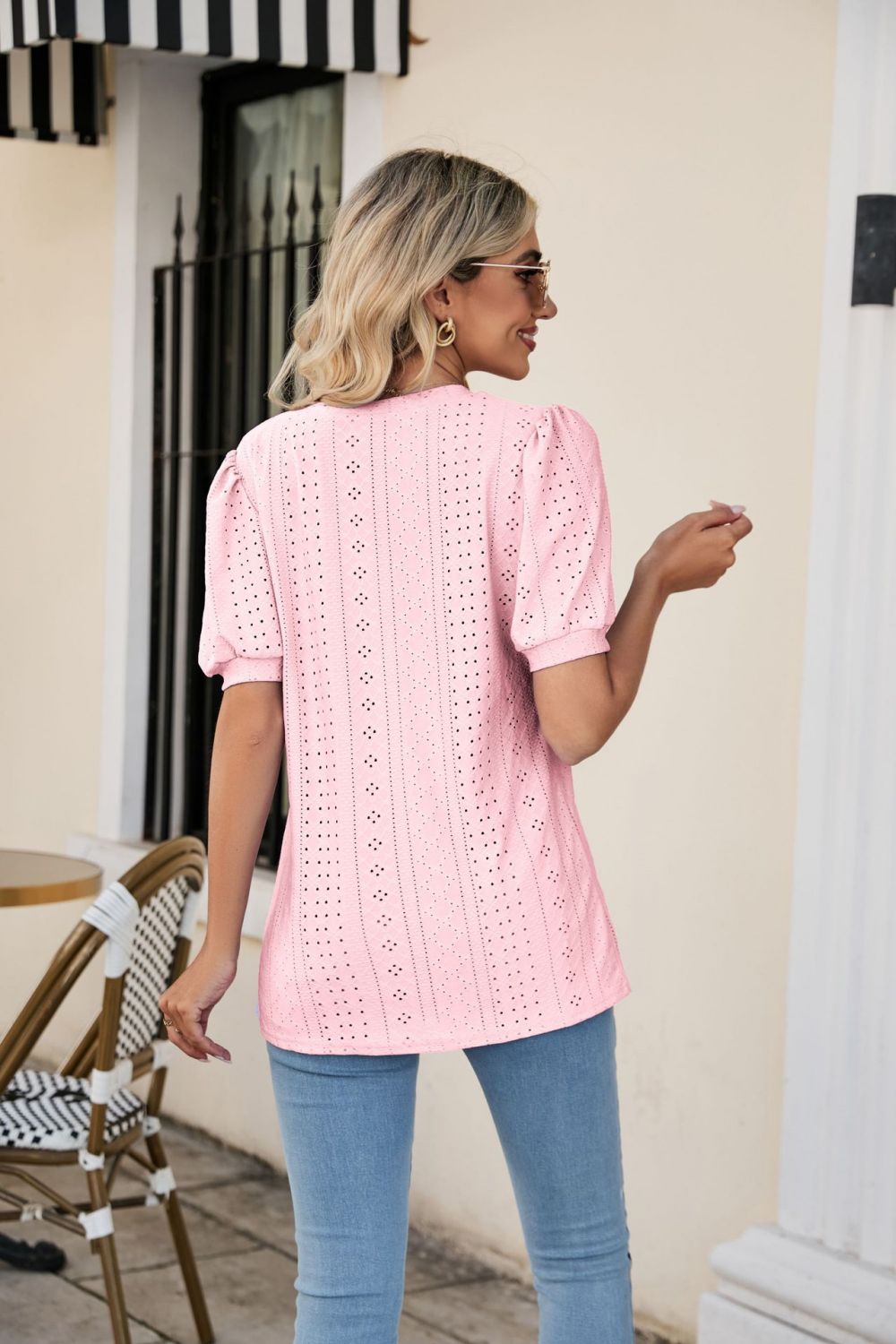 Full Size Eyelet Puff Sleeve V-Neck Top