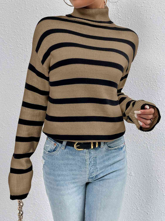 KnittedEmporium Full Size Striped Turtleneck Drop Shoulder Sweater