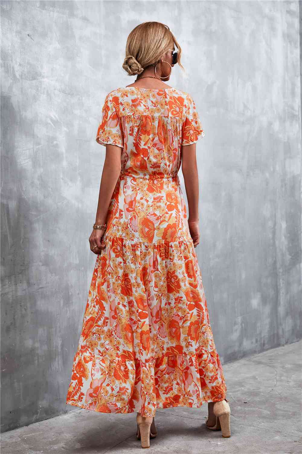 Full Size Floral Buttoned Drawstring Waist Tiered Dress