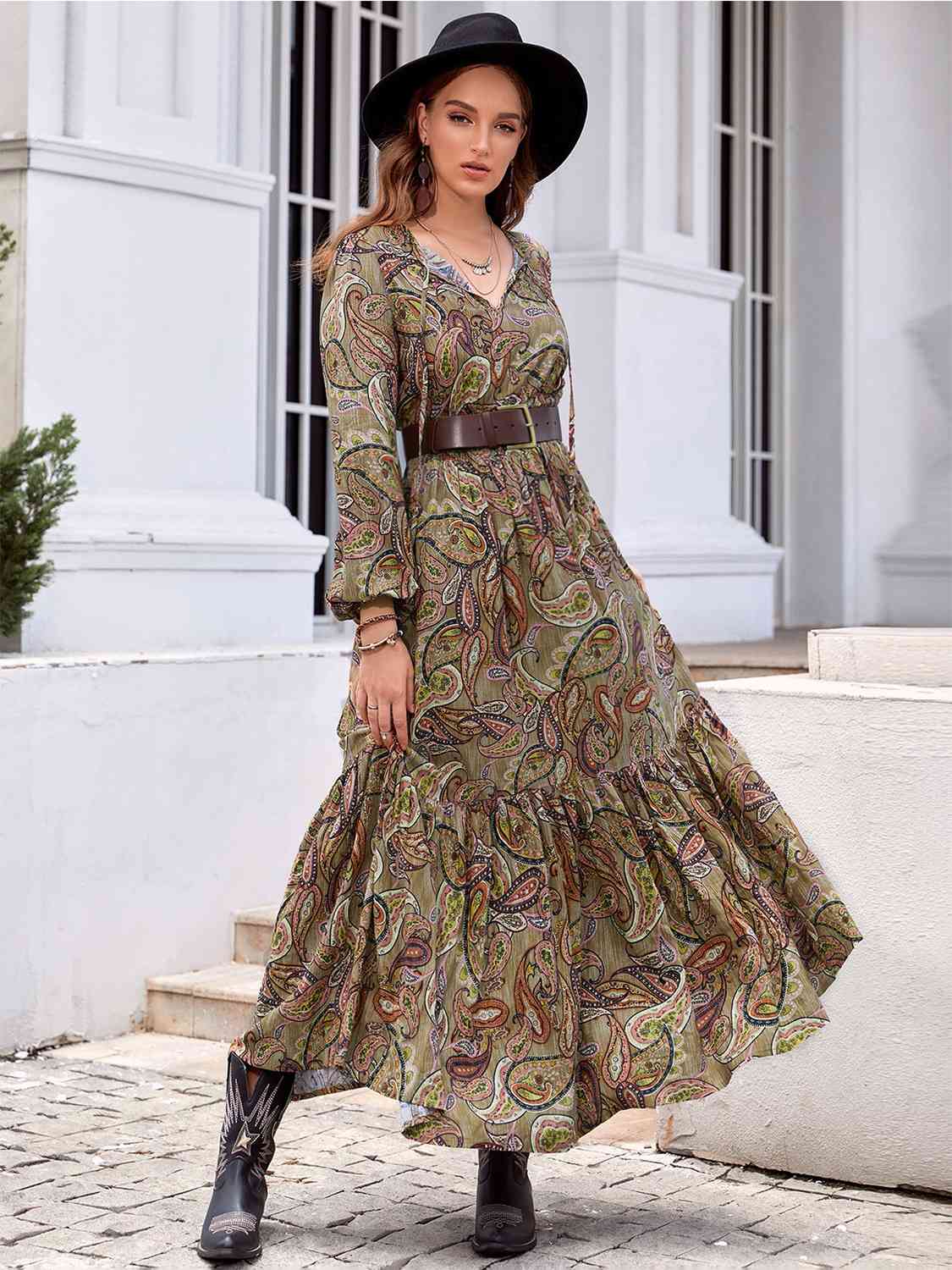 Printed Tie Neck Ruffle Hem Long Sleeve Dress