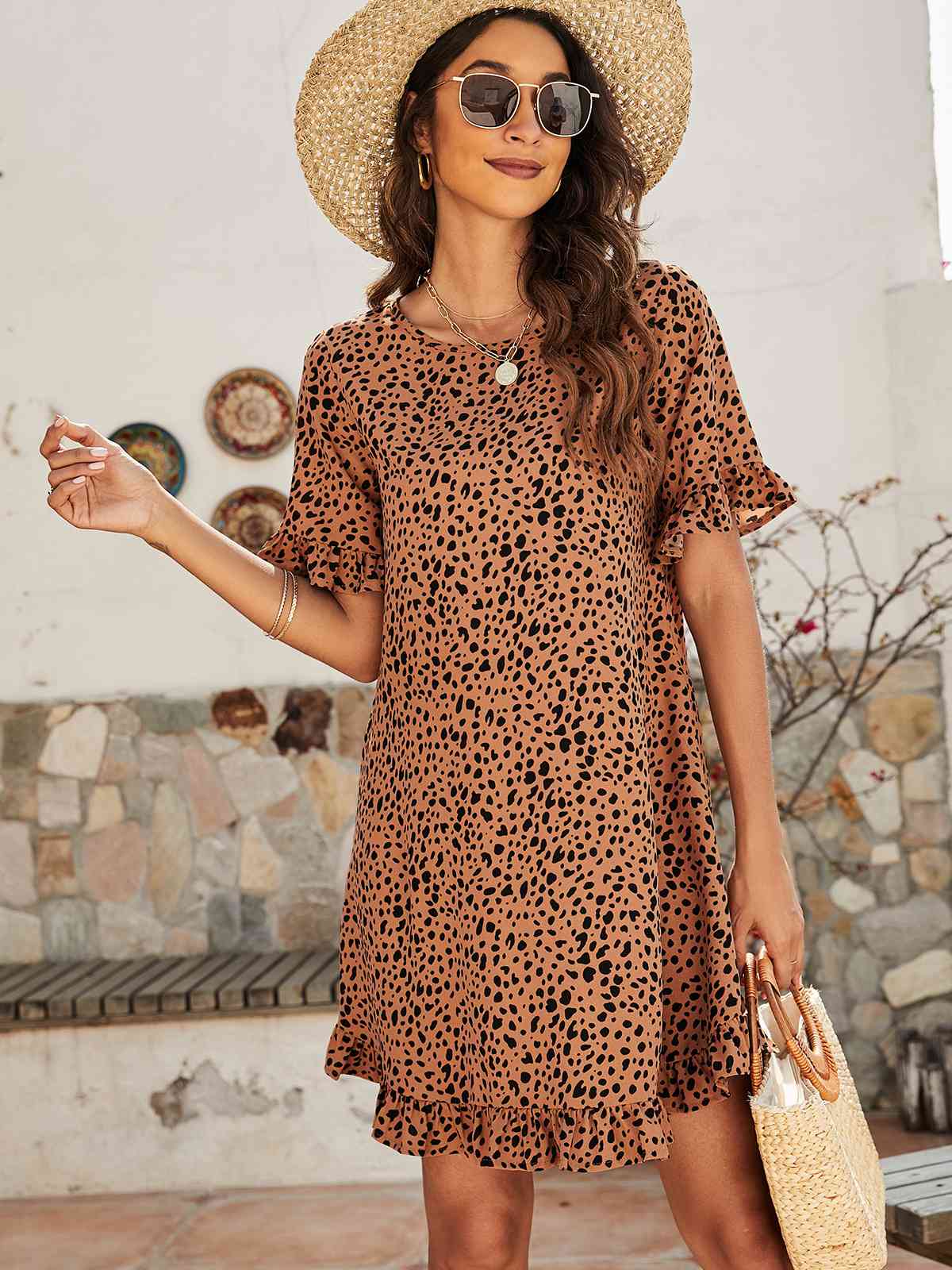 Printed Flounce Sleeve Ruffle Hem Dress