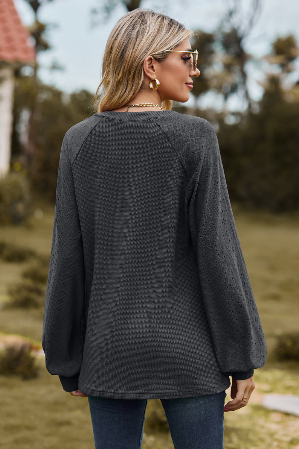 Full Size Notched Neck Raglan Sleeve Blouse