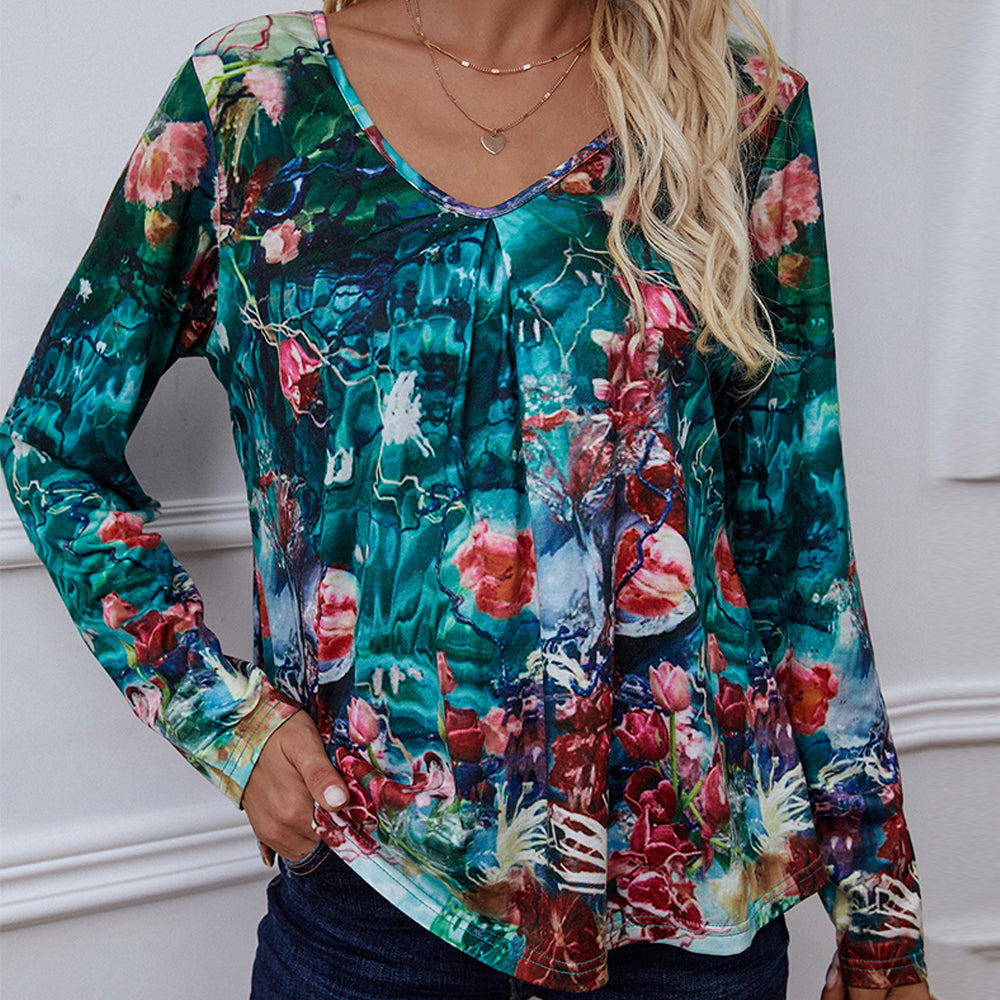 Full Size Printed V-Neck Long Sleeve Blouse