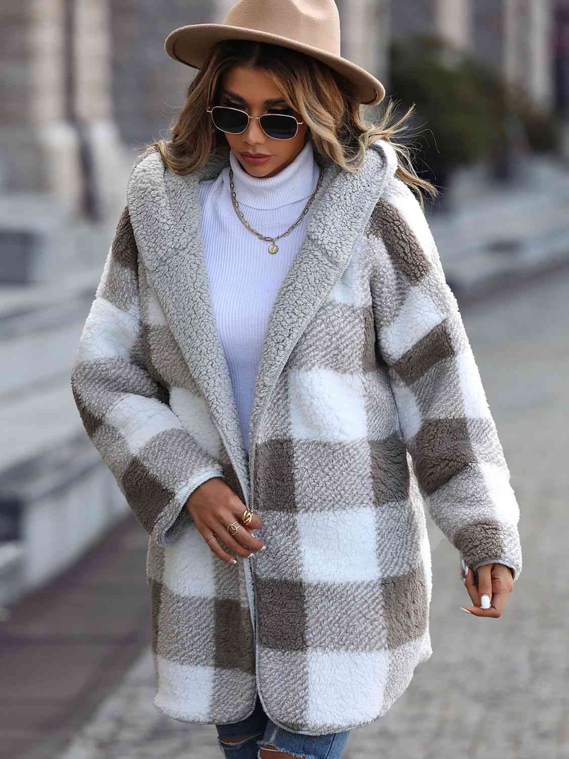 Charcoal Plaid Open Front Hooded Coat