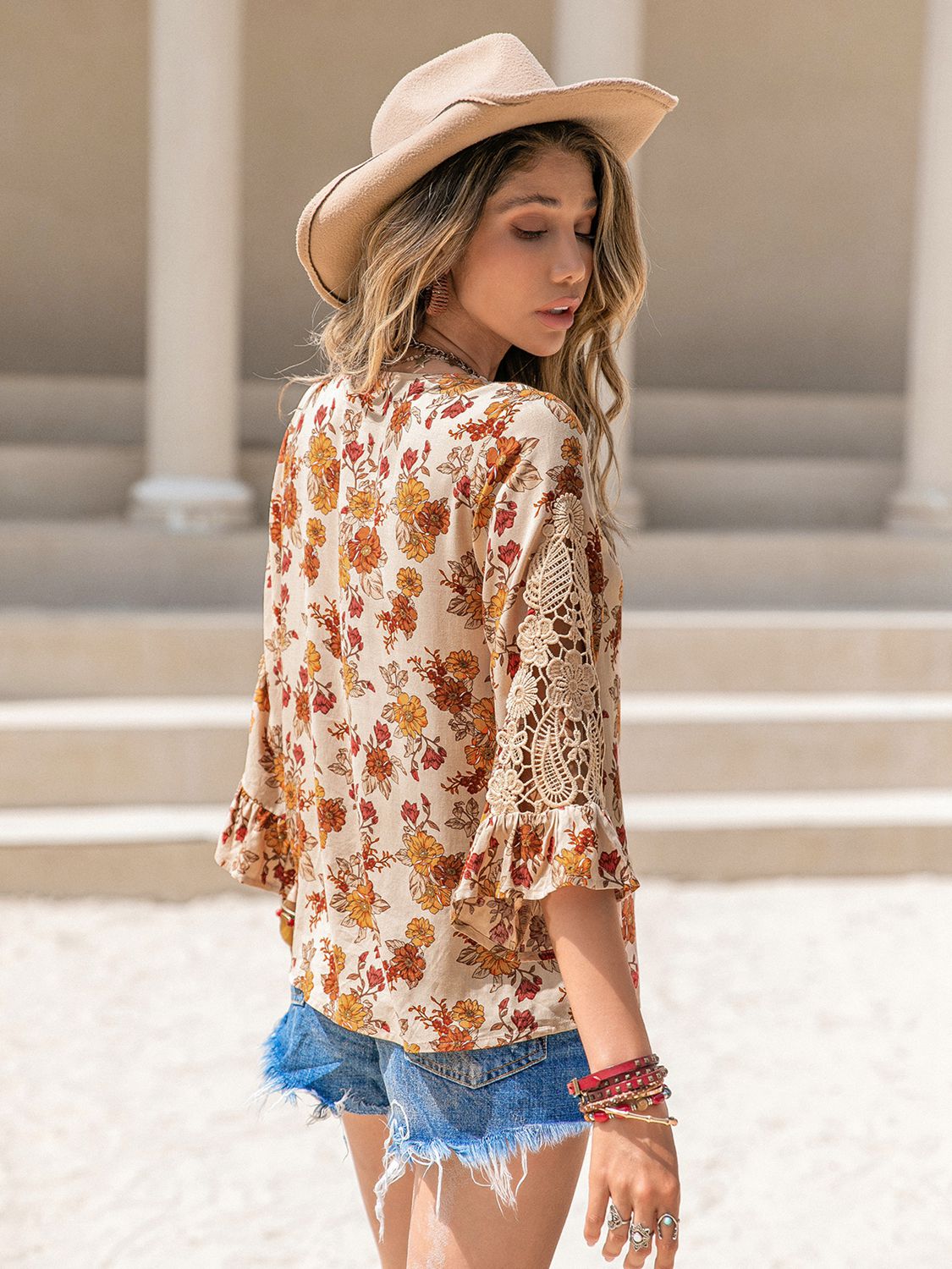 Full Size Floral V-Neck Spliced Lace Blouse