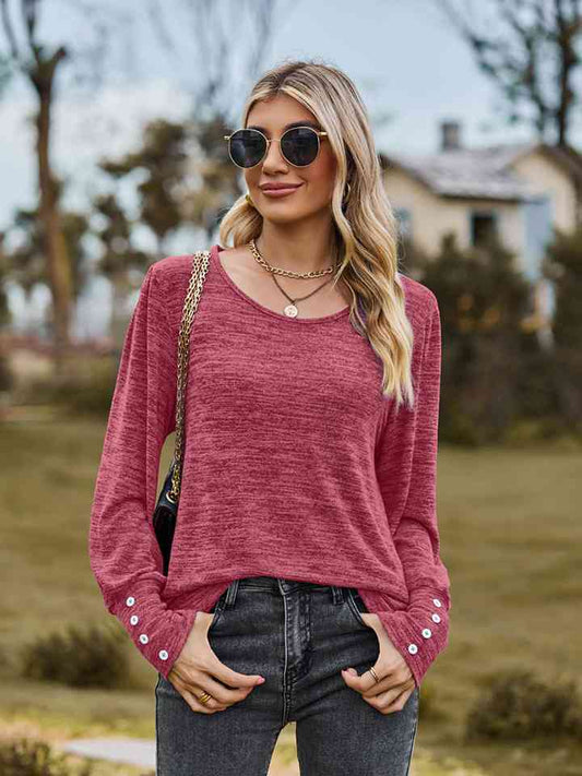 Full Size Round Neck Long Sleeve Buttoned T-Shirt