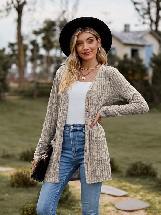 Full Size Ribbed Button-UP Cardigan with Pockets