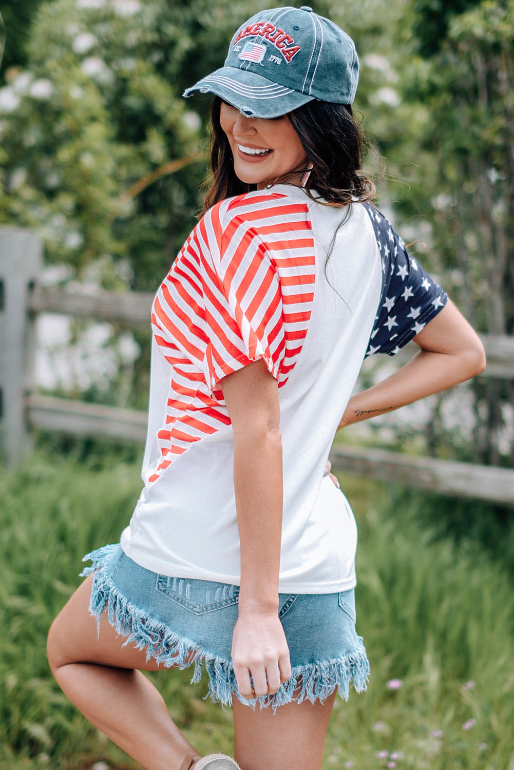 Women's Full Size US Flag Themed V-Neck Tee Shirt