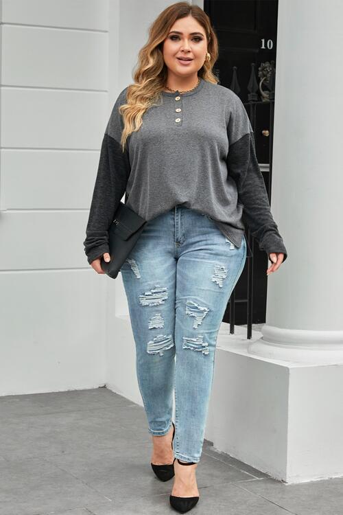 Plus Size Charcoal Gray Round Neck Long Sleeve Buttoned Blouse